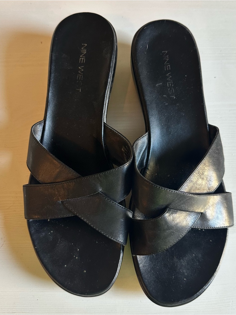 Nine West Black Crisscross Leather Slide Sandals
